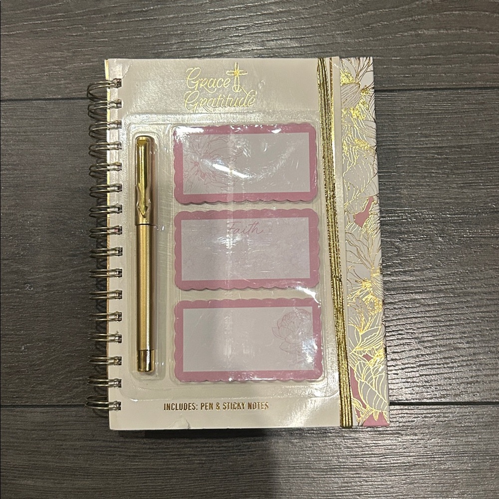 Grace & Gratitude Spiral Notebook with Pen and Pink Sticky Notes